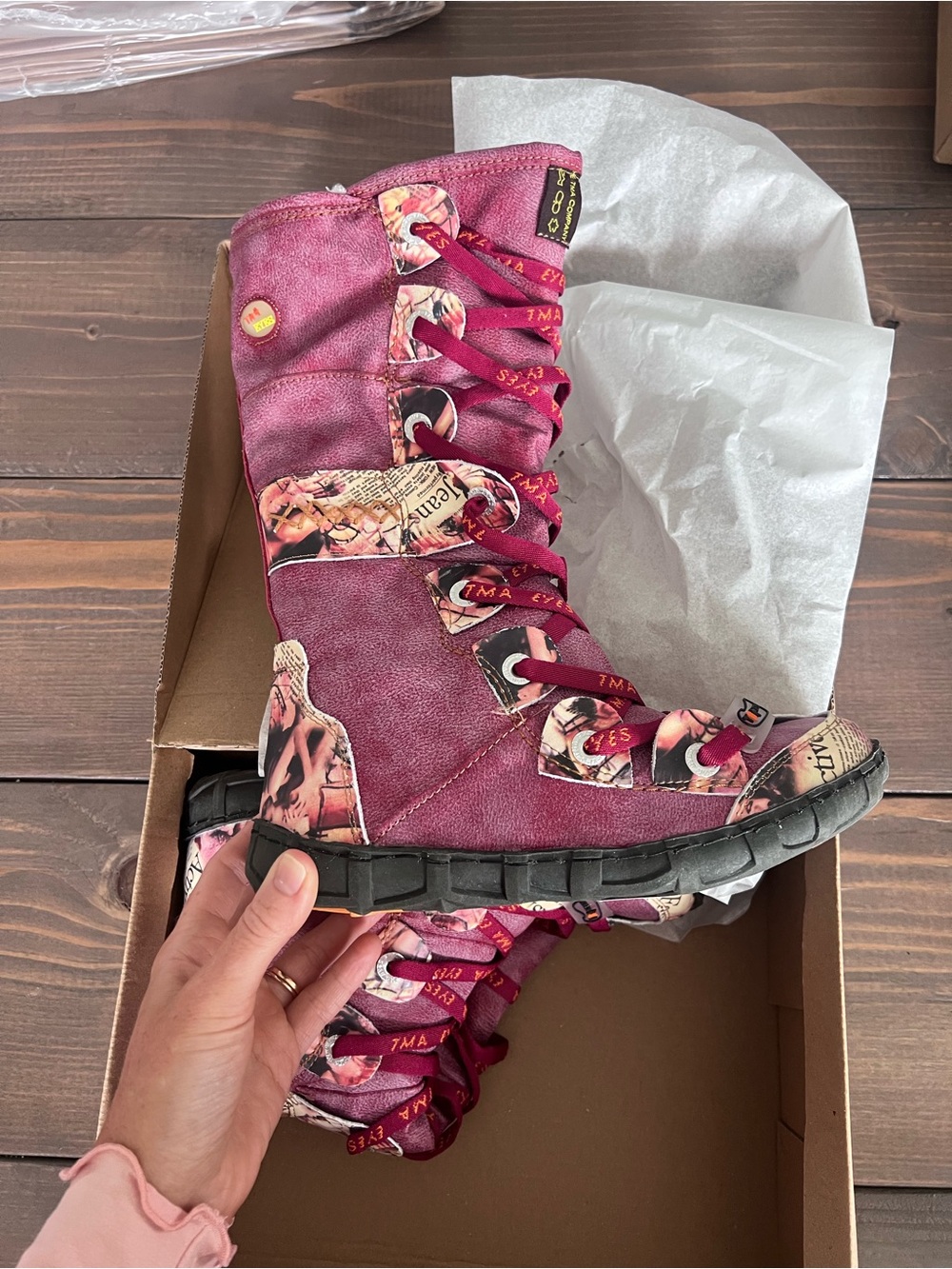 Women's Wine Lace-Up Graphic Mid-Calf Boots